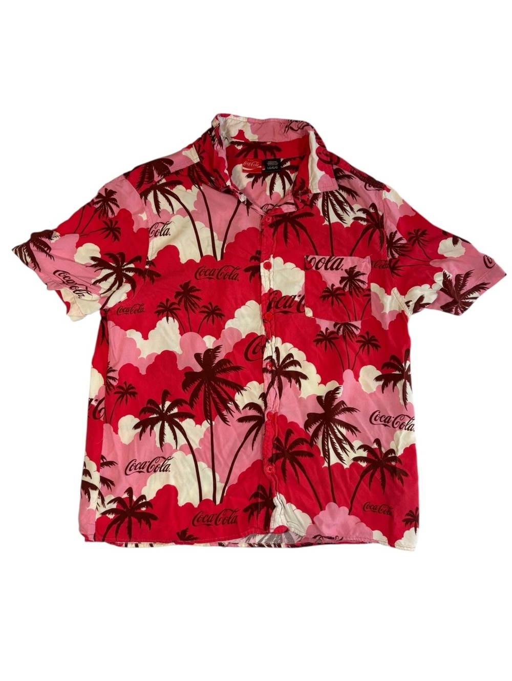 Coca-Cola Hawaiian Shirt Men’s Large Red Pink Palm Tree Tropical Button Up